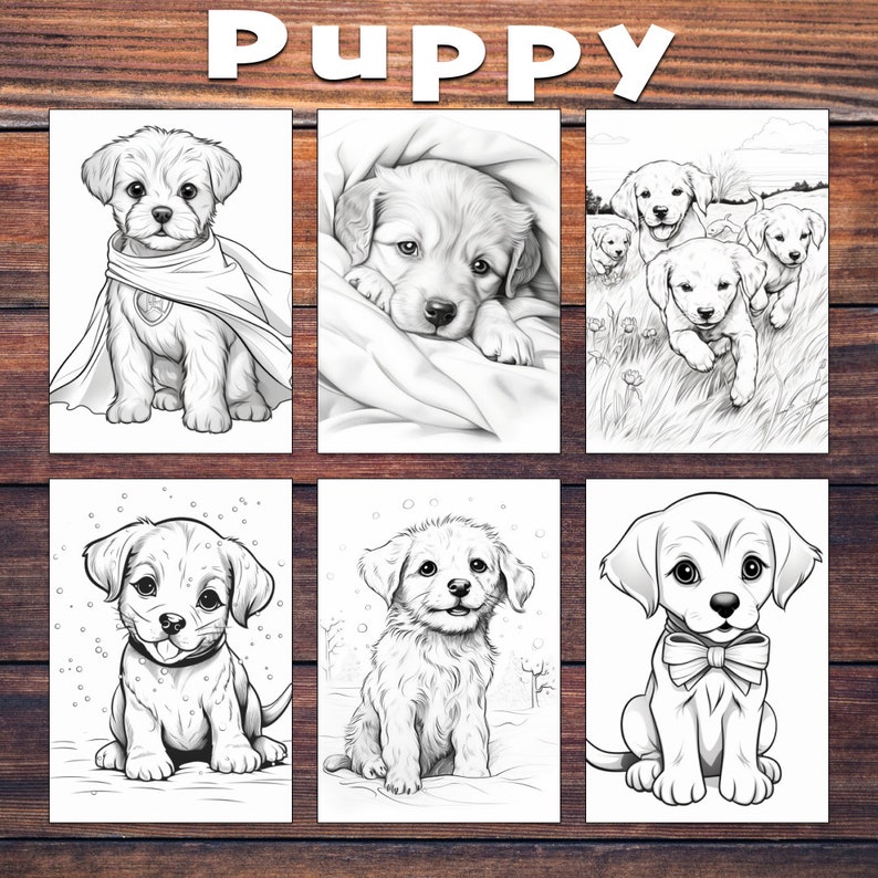Puede incluir: Seis ilustraciones en blanco y negro de cachorros. El primer cachorro lleva una capa de superh&eacute;roe. El segundo cachorro est&aacute; tumbado en una manta. El tercer cachorro corre por un campo de flores. El cuarto cachorro est&aacute; sentado con la lengua fuera. El quinto cachorro est&aacute; sentado en la nieve. El sexto cachorro est&aacute; sentado con una pajarita.