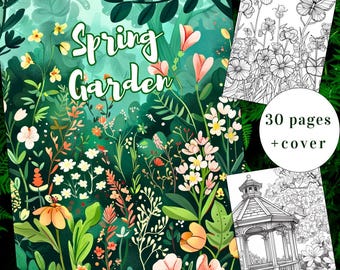 30 Frühling Garten Malseite, Malbuch Blumen Malbuch, Garten, Erwachsene + Kinder, Instant Download, druckbare PDF