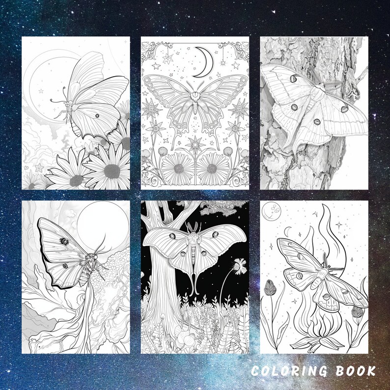 May include: A coloring book with six pages featuring detailed illustrations of moths and butterflies. Each page has a different design, including a moth on a tree trunk, a butterfly with a crescent moon, and a moth with a flame.