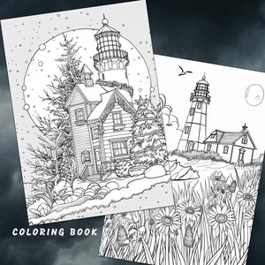 Puede incluir: Una p&aacute;gina de libro para colorear en blanco y negro con dos ilustraciones de faros. La primera ilustraci&oacute;n muestra un faro con una casa junto a &eacute;l, decorada para Navidad. La segunda ilustraci&oacute;n muestra un faro en una playa con flores y hierba.