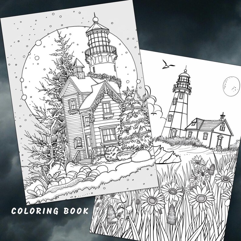 Puede incluir: Una p&aacute;gina de libro para colorear en blanco y negro con dos ilustraciones de faros. La primera ilustraci&oacute;n muestra un faro con una casa junto a &eacute;l, decorada para Navidad. La segunda ilustraci&oacute;n muestra un faro en una playa con flores y hierba.