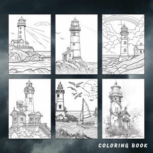 Puede incluir: Un libro para colorear con seis ilustraciones en blanco y negro de faros. Cada faro es &uacute;nico y tiene un dise&ntilde;o diferente. Los faros est&aacute;n todos sobre un fondo de oc&eacute;ano y cielo.