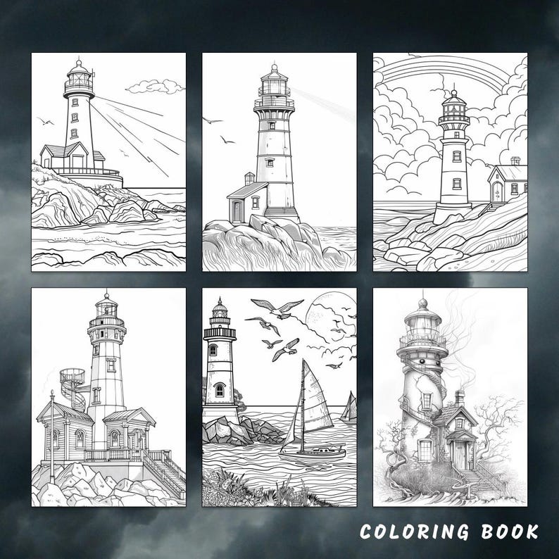 Puede incluir: Un libro para colorear con seis ilustraciones en blanco y negro de faros. Cada faro es &uacute;nico y tiene un dise&ntilde;o diferente. Los faros est&aacute;n todos sobre un fondo de oc&eacute;ano y cielo.