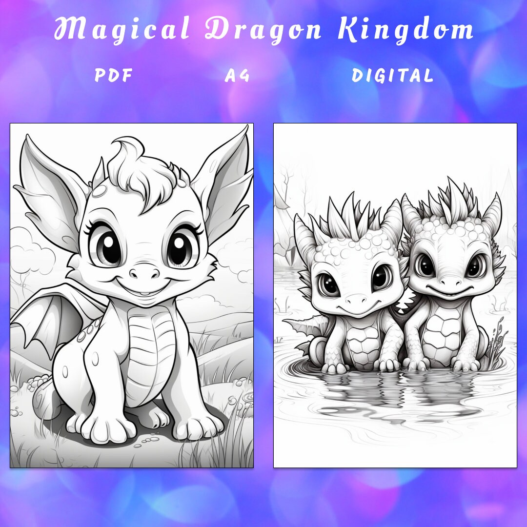 Cute Dragon Coloring Page Book, Adults Kids Instant Download Magical ...