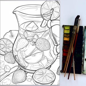 May include: A black and white line drawing of a pitcher filled with fruit and ice. The pitcher has a handle and a spout. The fruit includes strawberries, lemons, and apples. There are ice cubes in the pitcher. The pitcher is sitting on a table with a spoon and a lemon slice.
