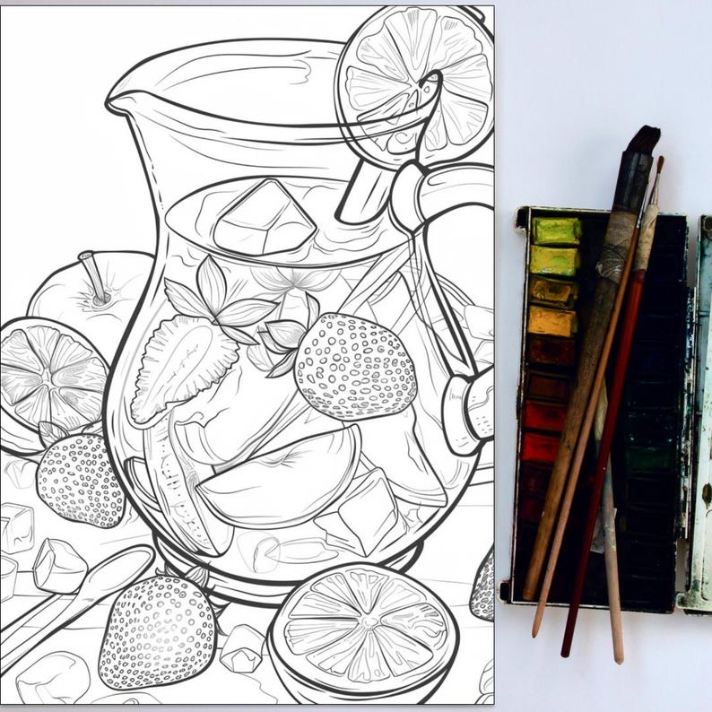 May include: A black and white line drawing of a pitcher filled with fruit and ice. The pitcher has a handle and a spout. The fruit includes strawberries, lemons, and apples. There are ice cubes in the pitcher. The pitcher is sitting on a table with a spoon and a lemon slice.