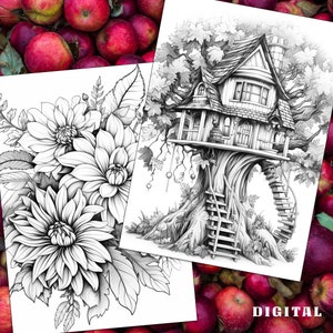 May include: A black and white illustration of a treehouse with a detailed design. The treehouse has a roof, windows, and a door. There are stairs leading up to the treehouse. The treehouse is surrounded by leaves and branches.