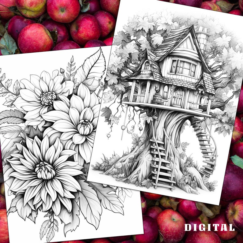 May include: A black and white illustration of a treehouse with a detailed design. The treehouse has a roof, windows, and a door. There are stairs leading up to the treehouse. The treehouse is surrounded by leaves and branches.