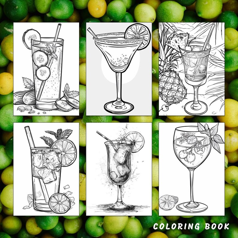 May include: A colouring book featuring six black and white illustrations of various cocktails. The cocktails include a margarita, a mojito, a gin and tonic, a daiquiri, a whiskey sour, and a mimosa. The book is titled "Colouring Book".