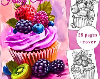 Fruity Cupcakes Coloring Book, 28 Page Dessert Illustrations (Printable PDF)