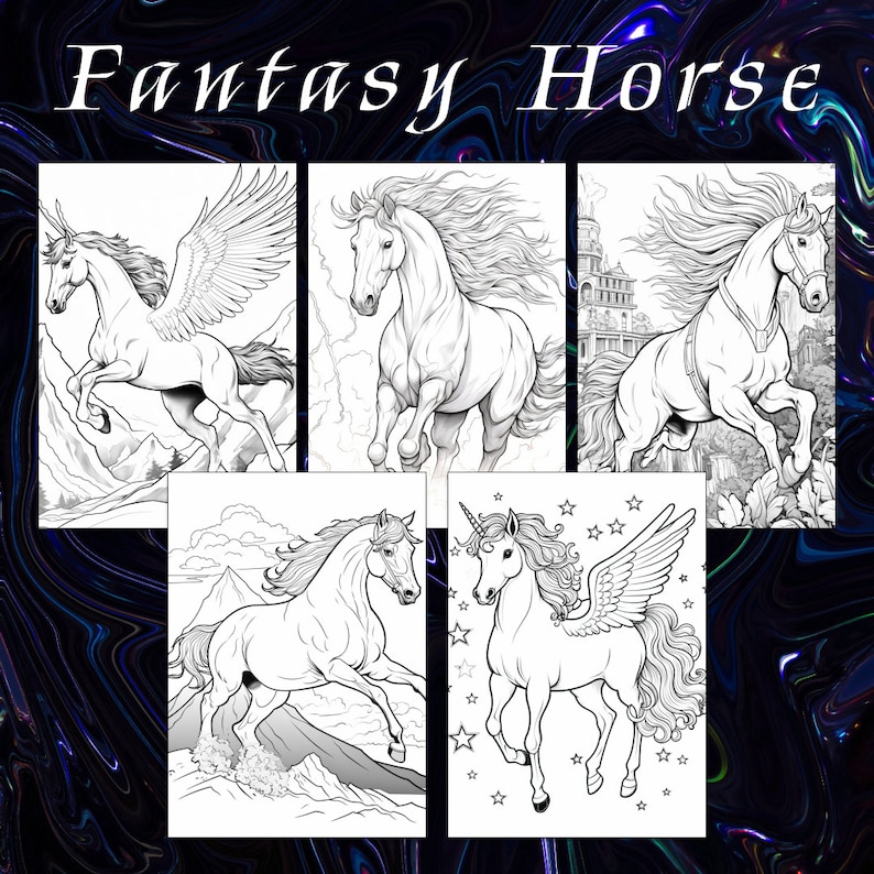 Fantasy Horse Coloring Book, Mythical Equine Illustrations (Printable PDF) image 5