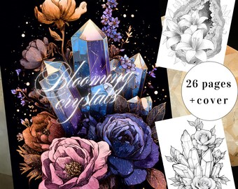 Livro de colorir Cristais em Flor | Páginas de Pedras Preciosas Florais (Download Digital)