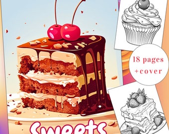 18 página para colorir doces, livro para colorir bolos, livro para colorir sobremesas, download instantâneo para adultos e crianças, colorir sobremesas, PDF para impressão