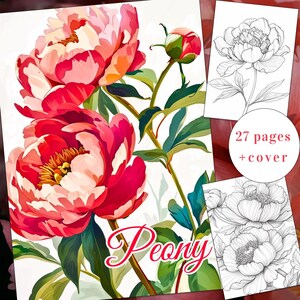 27 Peony Beauty Coloring Page, Flowers Coloring Book, Peonies Coloring Book, Adults + kids Instant Download, Blooms Coloring,Printable PDF