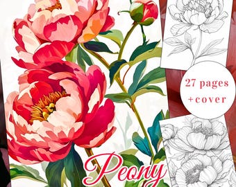 27 Página para colorear de belleza de peonías, libro para colorear de flores, libro para colorear de peonías, descarga instantánea para adultos y niños, flores para colorear, PDF imprimible