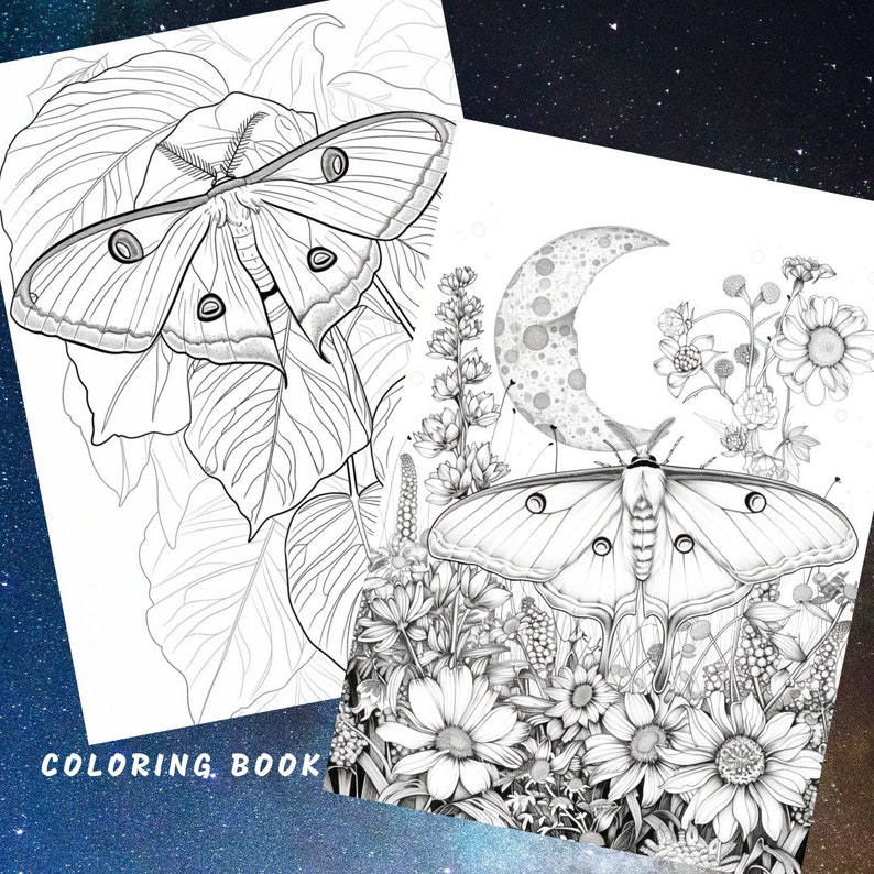 May include: A black and white coloring book page featuring two moths with intricate wing patterns, surrounded by flowers and a crescent moon. The text "COLORING BOOK" is at the bottom of the page.