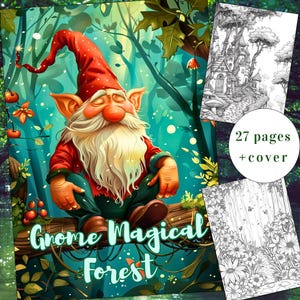 27 Gnome Coloring Book, Forest Coloring Page, Fantasy, Gnome Coloring, Magical Forest, Adults + kids Instant Download, Printable PDF, A4