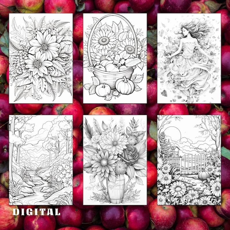 May include: Six black and white coloring pages featuring various fall themes. The pages include a sunflower bouquet, a basket of sunflowers and pumpkins, a fairy with flowing hair, a forest scene with a stream, a bouquet of flowers in a vase, and a garden scene with a fence and a pumpkin.