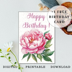 Cartão de aniversário peônia, cartão de feliz aniversário, cartão de aniversário digital, cartão de aniversário minimalista, cartão de aniversário com flores, download instantâneo, A6