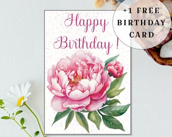 Peony Happy Birthday Card, Floral Design (Digital Download)