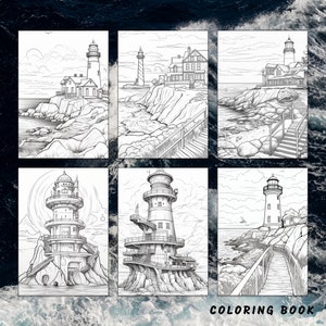 May include: A coloring book with six black and white illustrations of lighthouses. Each lighthouse is unique and has a different design. The lighthouses are all on rocky coastlines with water in the background. The book has the words "COLORING BOOK" at the bottom.