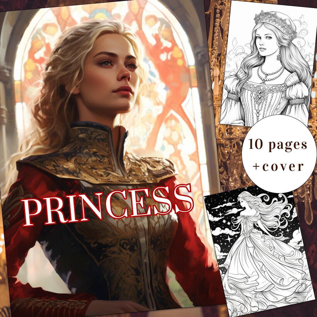 10 Princess Coloring Page, Princess Coloring Book, Fantasy Coloring