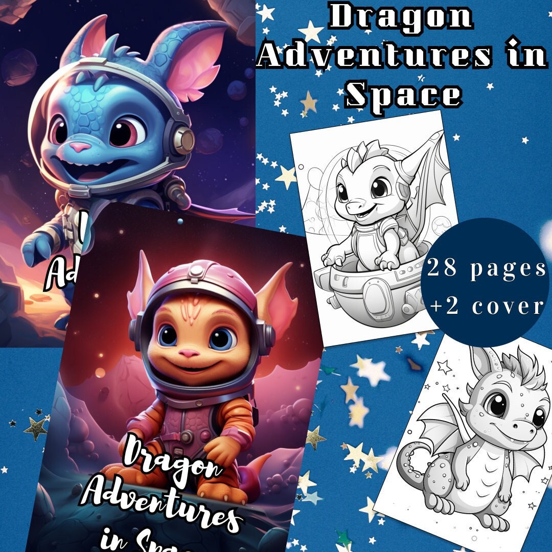Cute Dragon Coloring Page Book, Adults + Kids- Instant Download, Dragon Adventures in Space ...