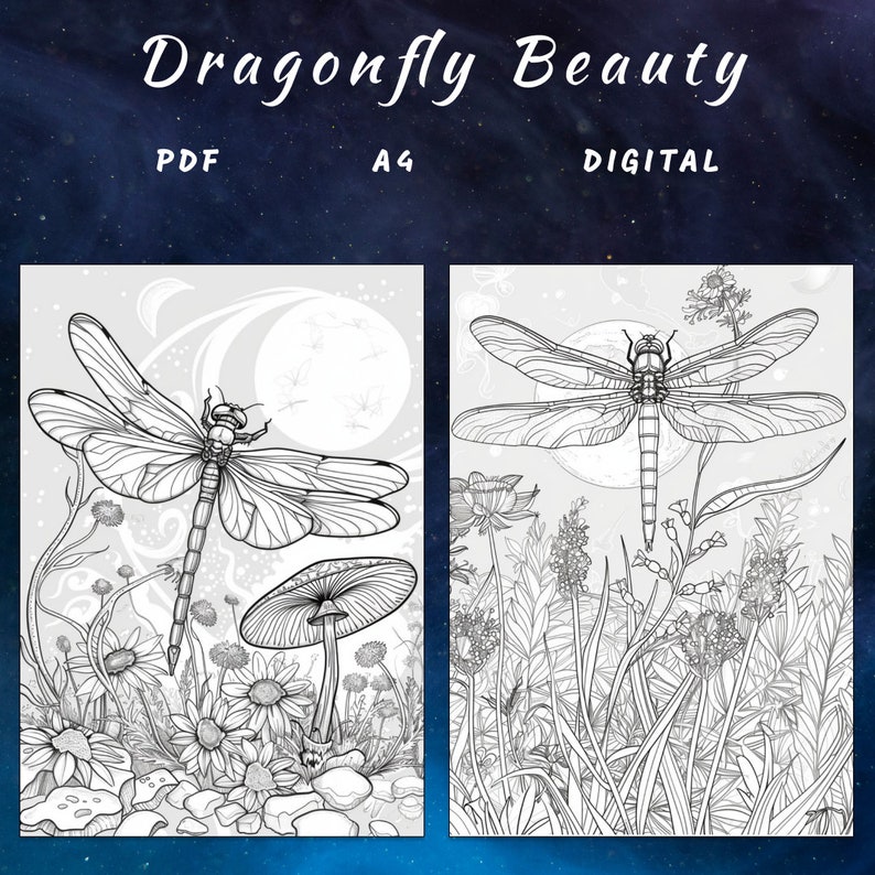 May include: A black and white line art coloring page featuring a dragonfly with intricate details. The dragonfly is surrounded by flowers and a mushroom. The text "Dragonfly Beauty" is at the top of the page.