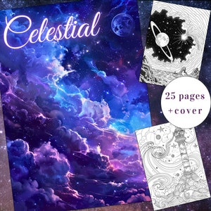 May include: A celestial-themed coloring book with a purple, blue, and pink galaxy cover. The cover features a large, swirling nebula with stars and a small planet. The title "Celestial" is written in a stylized font. The book includes 25 pages plus a cover.