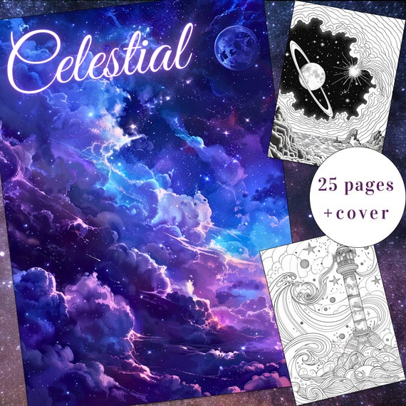25 Celestial Coloring Page, Celestial Coloring Book,Night Coloring Book, Adults + kids Instant Download,Cosmic Coloring, Space,Printable PDF