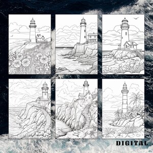 May include: Six black and white line drawings of lighthouses on rocky coastlines. Each lighthouse is tall and slender with a pointed roof. The lighthouses are surrounded by rocks, water, and various plants.