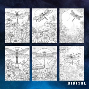 May include: Six black and white coloring pages featuring intricate illustrations of dragonflies, flowers, mushrooms, and other nature elements.  The pages are designed for adults and children to color.