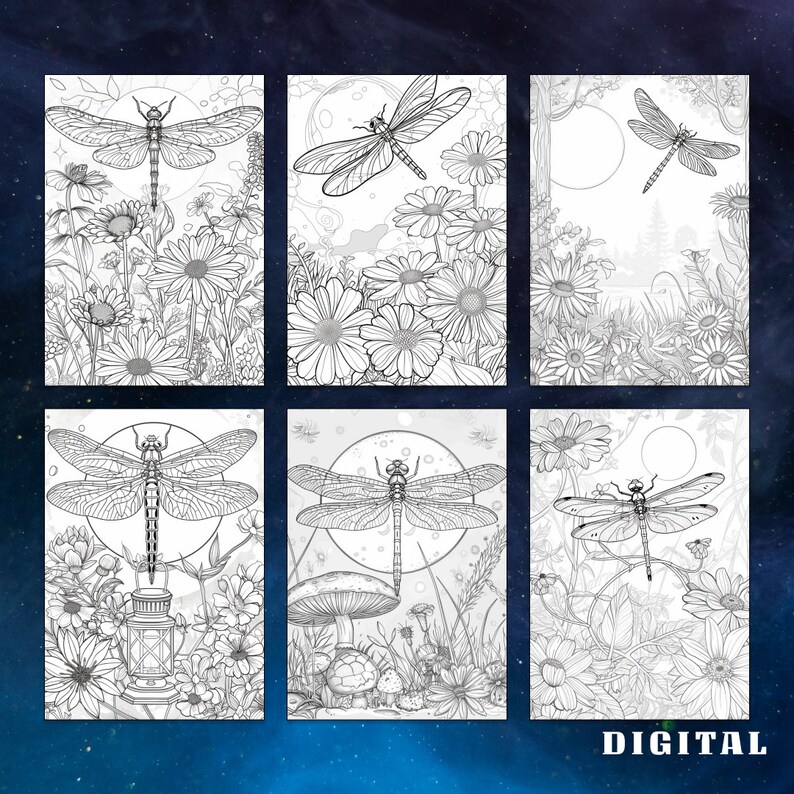 May include: Six black and white coloring pages featuring intricate illustrations of dragonflies, flowers, mushrooms, and other nature elements.  The pages are designed for adults and children to color.