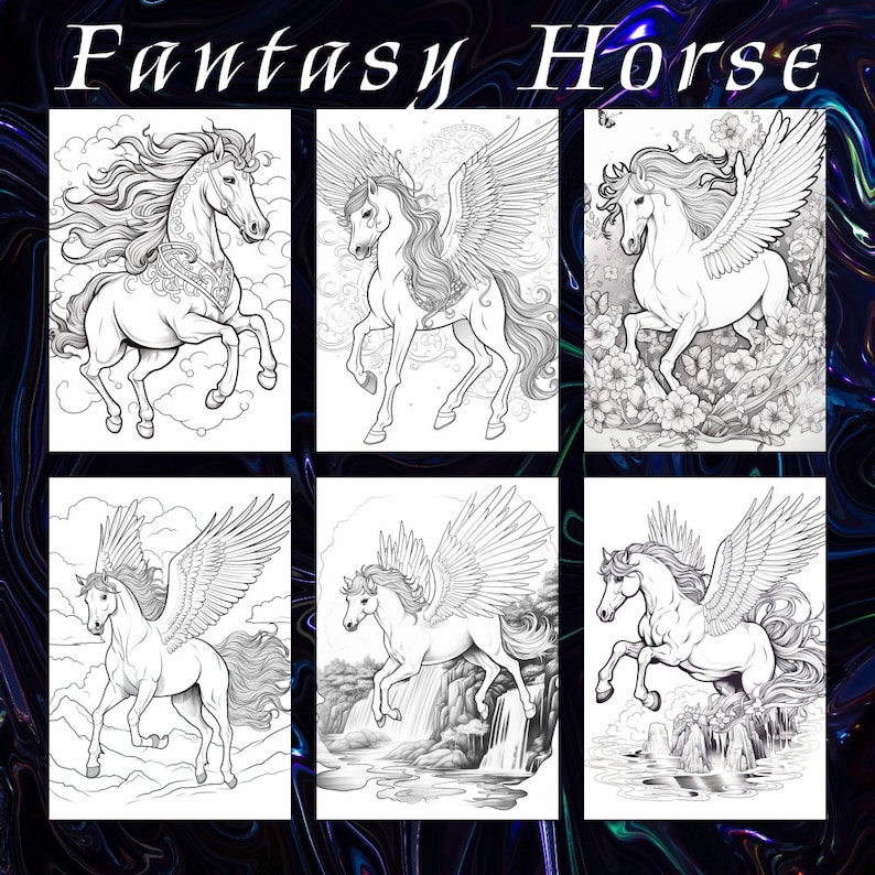 Fantasy Horse Coloring Book, Mythical Equine Illustrations (Printable PDF) image 6