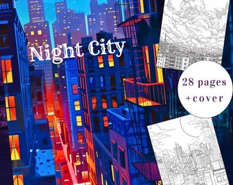 Libro da colorare Night City, Paesaggi urbani, 28 pagine (PDF stampabile)