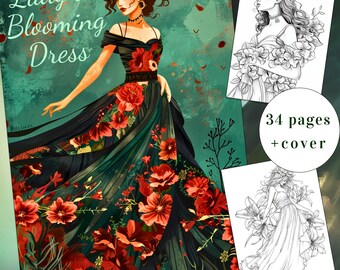 34 Página para colorir Lady in Blooming Dress, Lady Coloring Book, Flowers Coloring, Dress Coloring, Adultos + crianças Download instantâneo, PDF para impressão