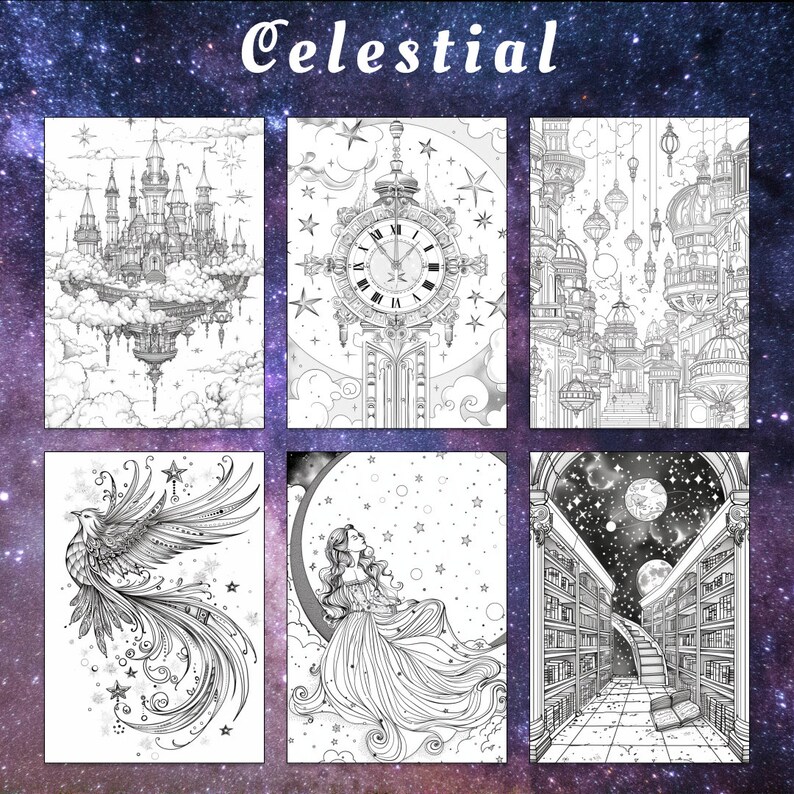 May include: A set of six black and white coloring pages with a celestial theme. The images include a floating castle, a clock tower, a city with lanterns, a phoenix, a woman sitting on a crescent moon, and a city with a staircase leading to a moon.