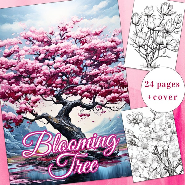 24 Blooming Tree Coloring Page, Flower Coloring, Bloom Coloring Book, Adults + kids Instant Download, Tree Coloring, Floral, Printable PDF