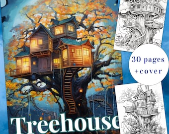 Treehouse Coloring Book, 30 Magic House Designs (Printable PDF)