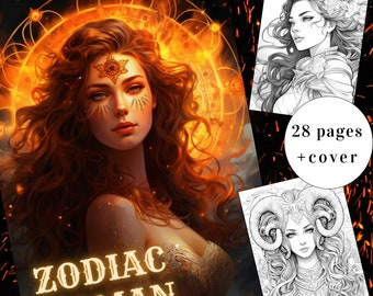 28 Zodiac Woman Coloring Page, Zodiac Coloring Book, Woman Coloring Book, Adults + kids Instant Download, Astrology Coloring,Printable PDF