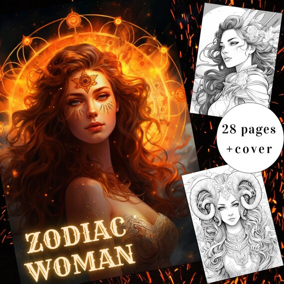 28 Zodiac Woman Coloring Page, Zodiac Coloring Book, Woman Coloring Book, Adults + kids Instant Download, Astrology Coloring,Printable PDF