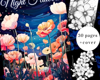 Página para colorir de 30 flores noturnas, livro para colorir flores, livro para colorir noturno, download instantâneo para adultos e crianças, colorir flores, PDF para impressão