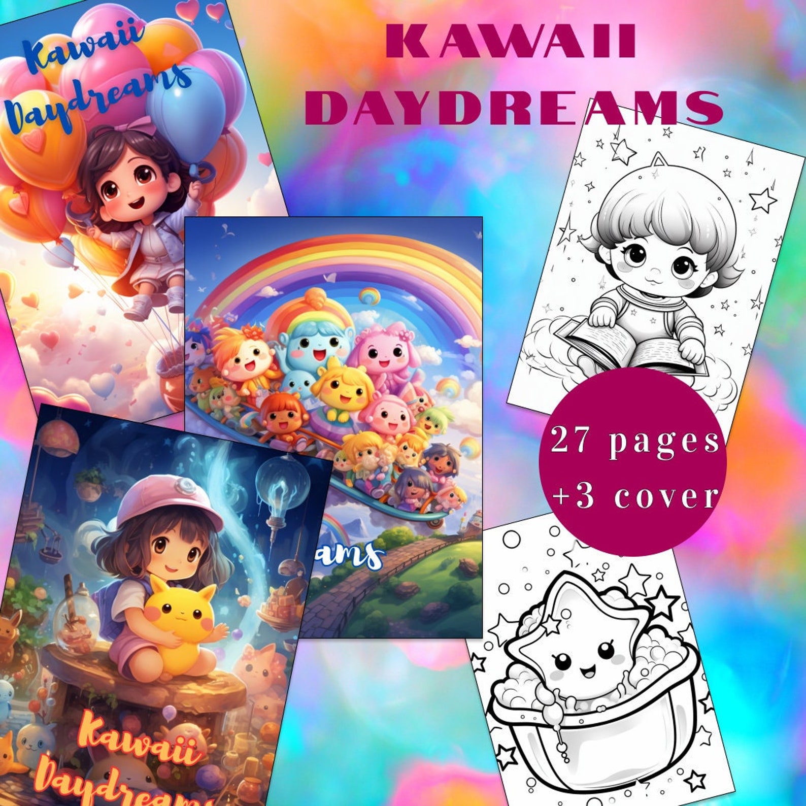 Kawaii Coloring Page Book, Adults + Kids- Instant Download, Kawaii ...