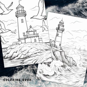 May include: A black and white coloring book page featuring two lighthouses on rocky cliffs with seagulls flying overhead. The lighthouse on the left is surrounded by water and has a smaller building next to it. The lighthouse on the right is on a cliff with crashing waves in the foreground. The text "COLORING BOOK" is at the bottom of the page.