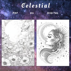 May include: Two black and white coloring pages. The first page features a moon and flowers. The second page features a woman with her eyes closed, surrounded by stars and a sun.