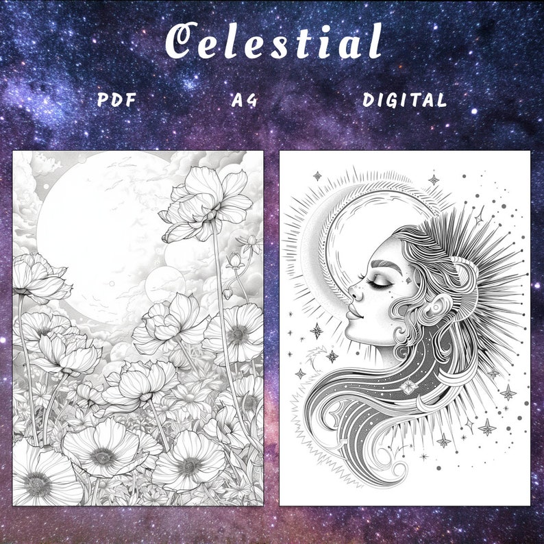 May include: Two black and white coloring pages. The first page features a moon and flowers. The second page features a woman with her eyes closed, surrounded by stars and a sun.