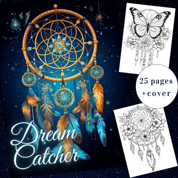 25 Dream Catcher Coloring Page, Fantasy Coloring Book, Night Catcher Coloring, Dream Coloring, Adults + kids Instant Download, Printable PDF