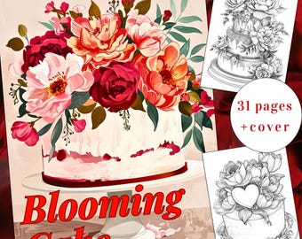 Blooming Cake Coloring Book, Floral Dessert Illustrations (Printable PDF)