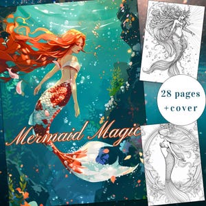 28 Mermaid Magic Coloring Page, Mermaid Coloring Book, Ocean Coloring Book, Adults + kids Instant Download, Mermaid, Lady, Printable PDF