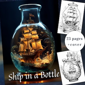 23 Ship in a Bottle Coloring Page, Ocean Coloring Book, Waves Coloring Book, Adults + kids Instant Download, Ship Coloring, Printable PDF